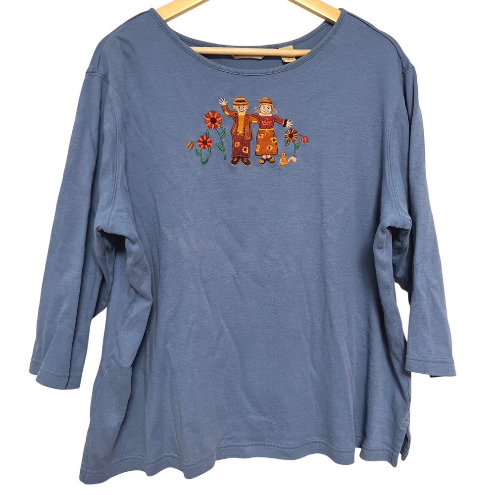 Bechamel Woman T-Shirt Women‎ 1X Blue Scarecrow Embroidered Fall Harvest Grandma